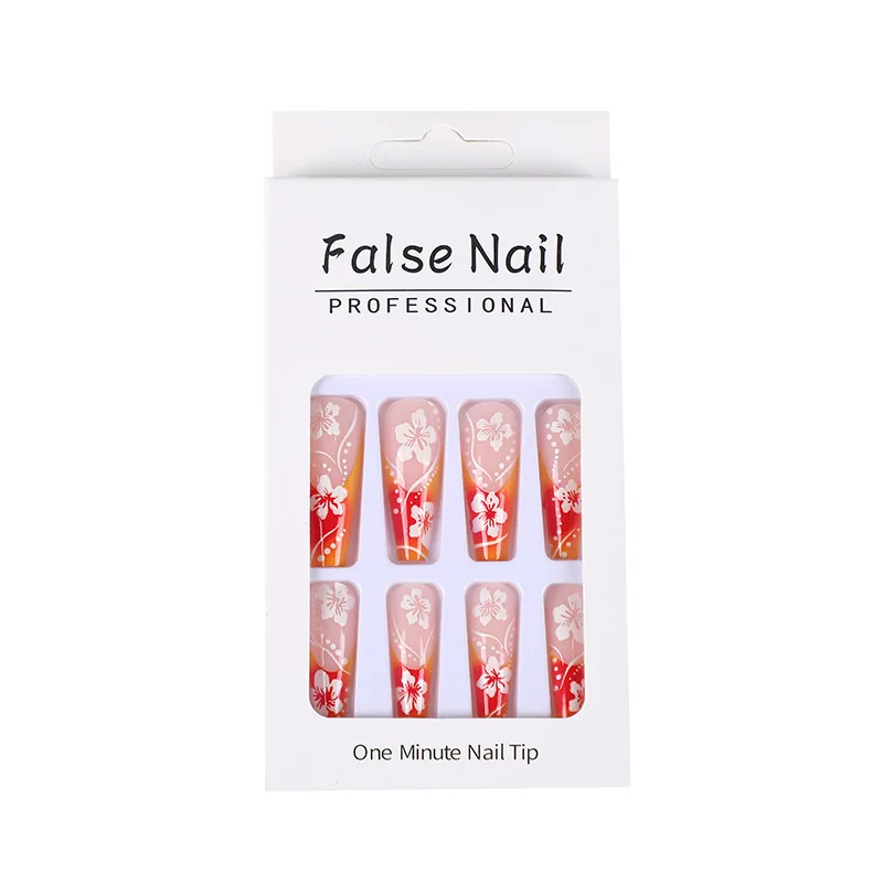 24 pçs flor imprensa em unhas gradiente laranja unhas falsas com cola outono e inverno extra longo artificial francês barato unhas