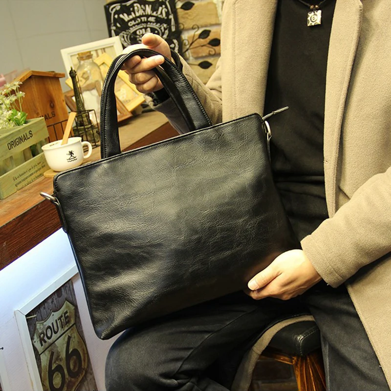 Men's PU Leather Briefcase Laptop 15 Inch Documents Business Handbag Vintage Shoulder Square Side Crossbody Soft Bag Portfolio