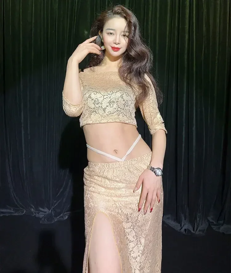 

Belly Dance Lace Suit Female Adult Elegant Top Practice Clothes Set Shirt Long Skirt Competition Performance Clothing