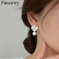 Foxanry Gold Color Flower Pearl Stud Earrings For Women Girls Exquisite Trendy Elegant Sweet Gentle Wedding Bride Jewelry Gifts