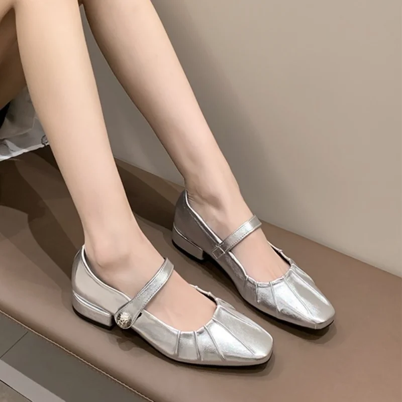 

Mary Jane Shoes Glossy Leather Ballet Flats 2025 Fashion Pleated Low Heel Single Shoes for Women Soft Sole Casual Shoes