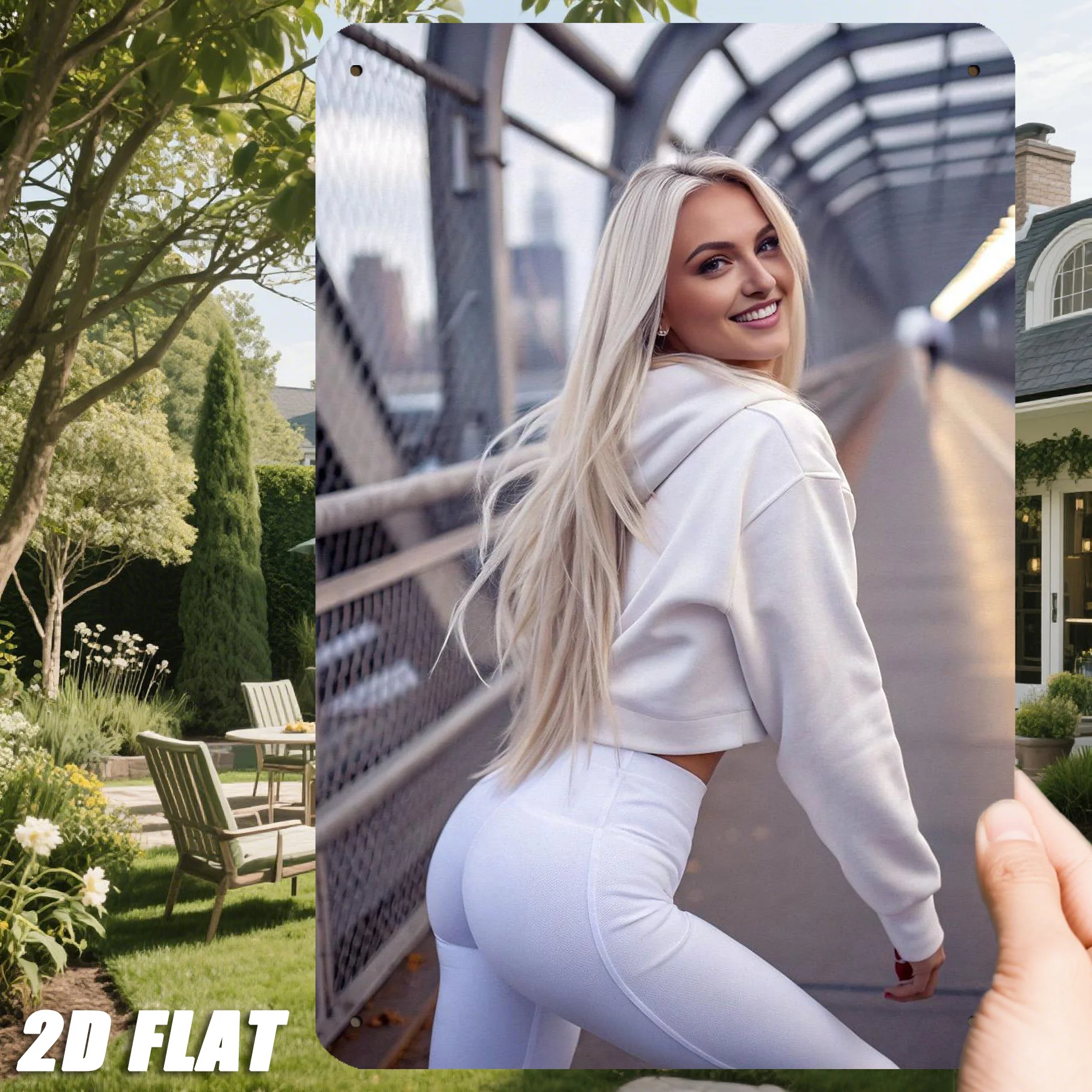8x12 Inch 2D Flat Retro Blonde Lady Metal Sign, White Outfit Design, Easy Install Durable Wall Decor for Man Cave Garden Office