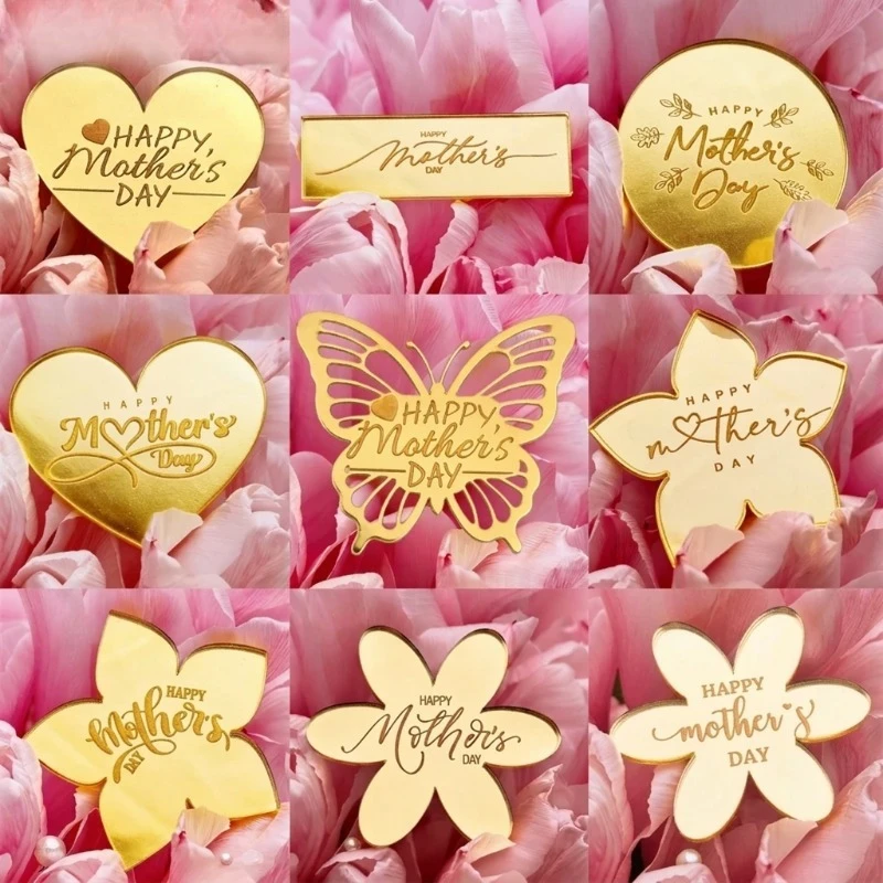 Goldene Blumen Muttertags-Cupcake-Topper Acryl-Herz Beste Mama Kuchendekoration Party-Backzubehör