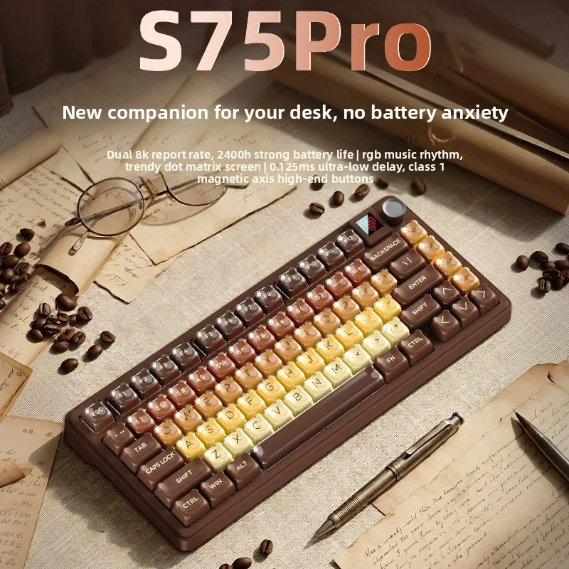 Xinmeng S75Pro Mechanical Keyboard Wireless Tri Mode with Multi-function Knob Double 8K Low Latency Hot-swappable Game Keyboard