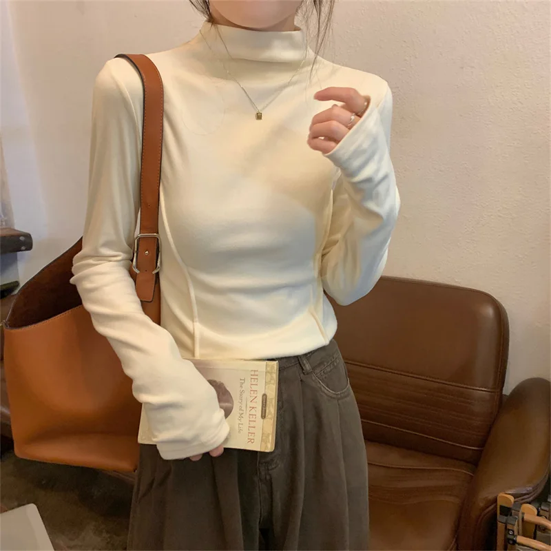 

Autumn Winter Warm Long Sleeve Half High Neck Velvet Slim Body With T-shirt Design Feeling Fishbone Top Women Clothing Base Shir