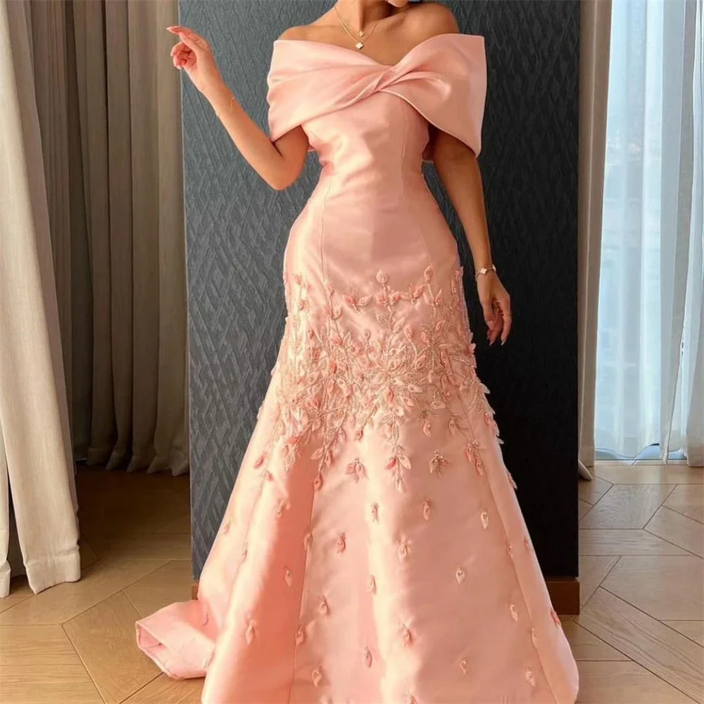 Elegance Arabia V Neck Prom Dress Off the Shoulder Beads 3D Flowers Satin Formal Occasion Evening Gown Customized فساتين سهرة
