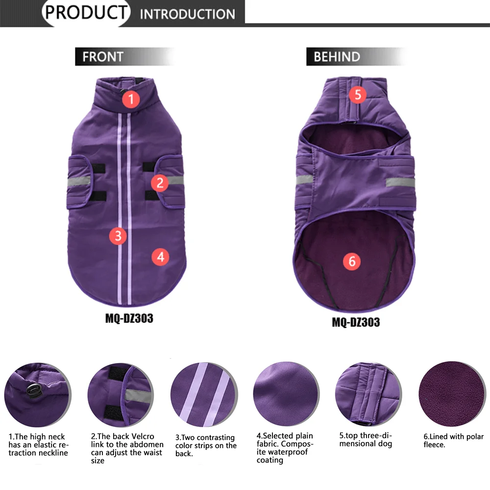 معطف شتوي للكلاب سترة دافئة مقاومة للرياح للطقس البارد، ملابس بيجامات بياقة مدورة للجرو مع شريط عاكس للكلاب الصغيرة والمتوسطة