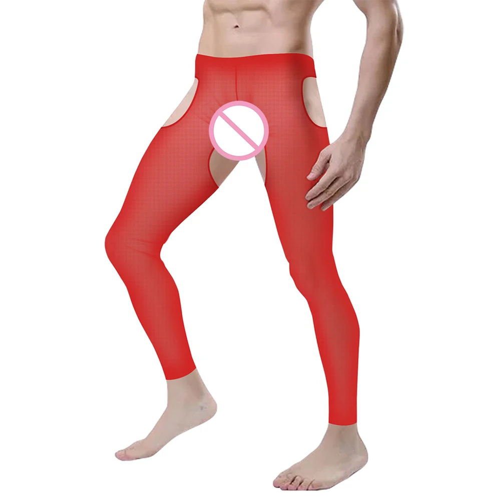 Herren elastische lange Unterhosen sexy transparente Mesh hohle Unterwäsche enge Legging Hosen Strumpfhosen Dessous ultra dünne transparente Hosen