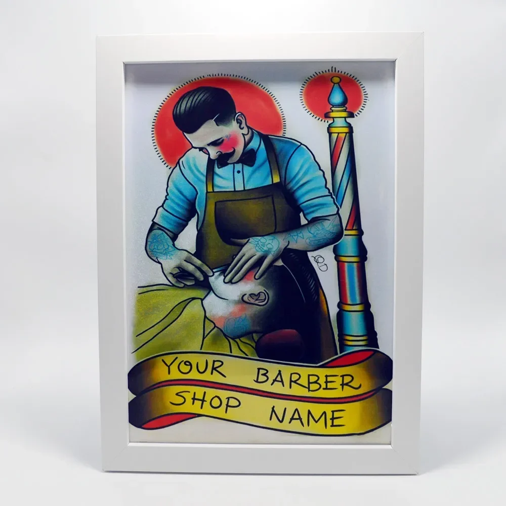 Affiche d'art de tatouage de salon de coiffure, tableau mural, peinture de salon de coiffure, autocollant en vinyle holographique, peut ajouter le nom de votre salon de coiffure