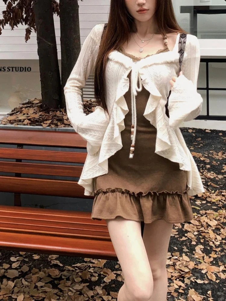 American Retro Slim Fit Camisole Dress for Women+ Ruffles Long Sleeve Knitted Cardigan 2025 Autumn New Two Piece Sets