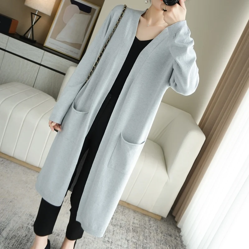 23Autumn Winter New Woolen Sweater Women's Long Sleeve Loose Medium Length Simple Temperament Solid Color Knitted Cardigan Shawl