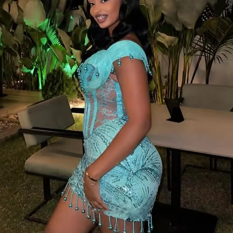 Luxury Short Pearl Tassel Cocktail Dress African Women's Wedding Reception Back to School Graduation Ball Dress Customized