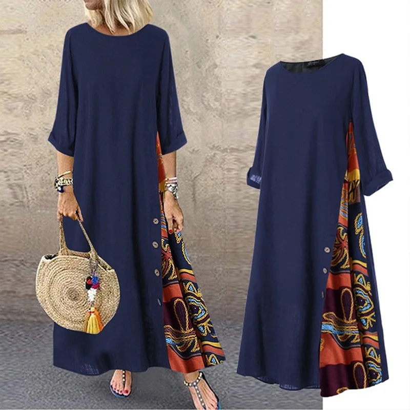 Cotton Linen Vintage Long Dresses Women Three Quarter Sleeves Splicing Print Loose A-line Dress Fashion Casual Lady Maxi Vestido