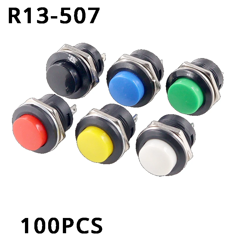 100PCS R13-507 Momentary SPST NO Red Black White Yellow Green Blue Round Cap Push Button Switch AC 6A/125V 3A/250V 6color