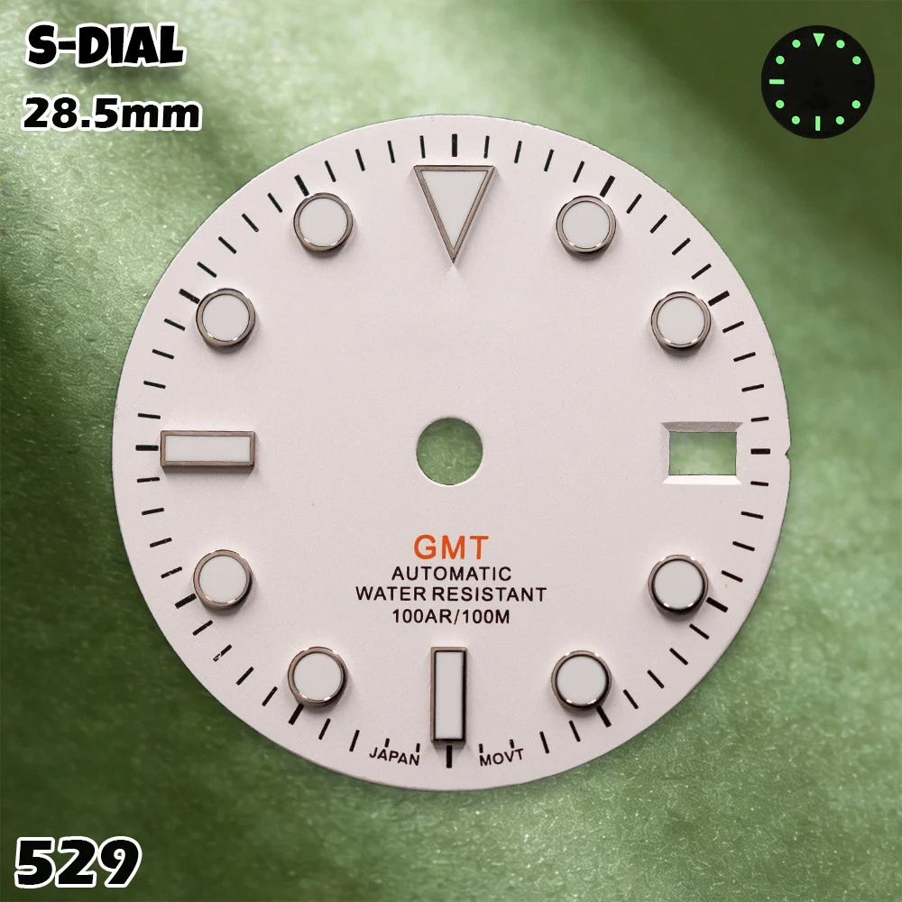 28.5mm S Logo  GMT White Dial fit NH34 Movements C3 Green Luminous Watch Modification Accessories repair Parts