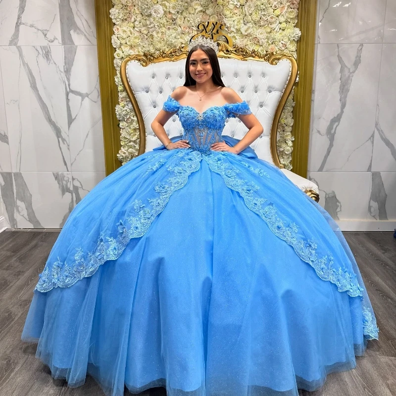 

Mexican Sky Blue Shiny Quinceanera Dresses Ball Gown Lace Applique Beading Bow Tiered Tull Corset Sweet 16 Dress Vestido De 15