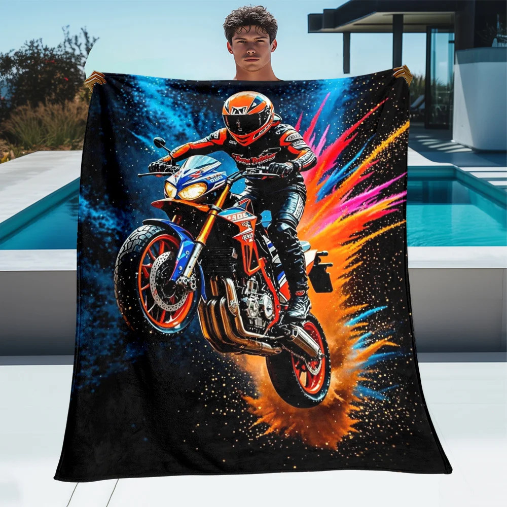 Motorcycle Rider Racing Speed Cosmic Flame Flannel Blanket High Quality Soft Throw Blanket for Men Garage Room Decor Gift