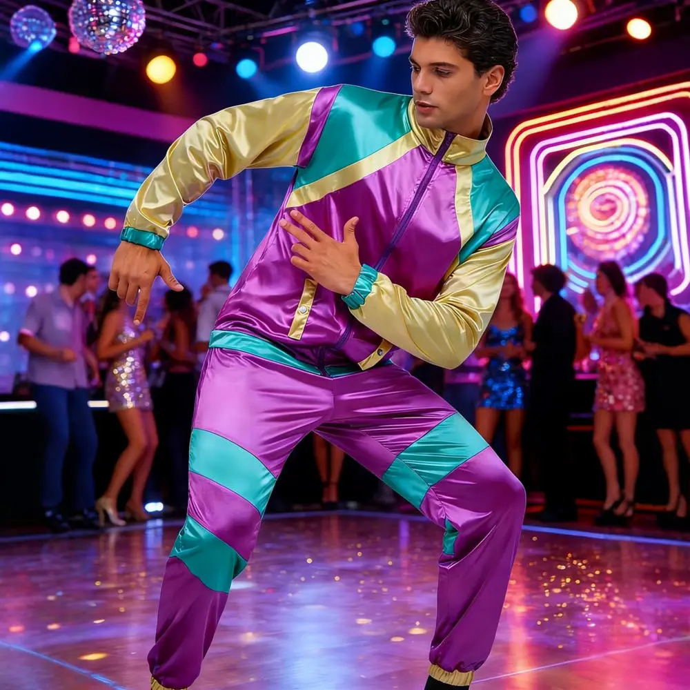 Mens Vintage Disco Costume 70s Retro Stage Performance Suit Satin Lightweight Halloween Party Outfit Cosplay For Yiruxue