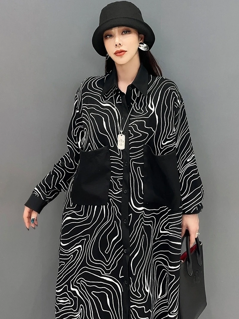 Vefadisa 2025 Spring Autumn New Black Zebra Printed Women Dresses Lapel Long Sleeved Shirt Dress Personality Dresses ZXY939AF1