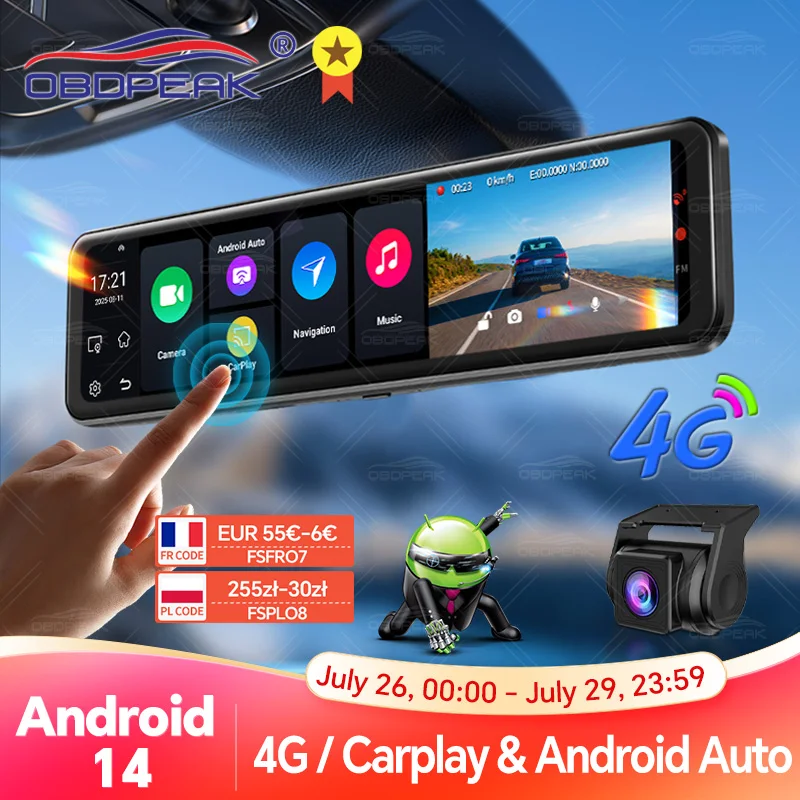 D90 11,26 pouces 4G+64G 4G Android 14 Écran IA Navigation GPS Carplay Android AUTO Caméra de tableau de bord double objectif Enregistreur vidéo rétroviseur