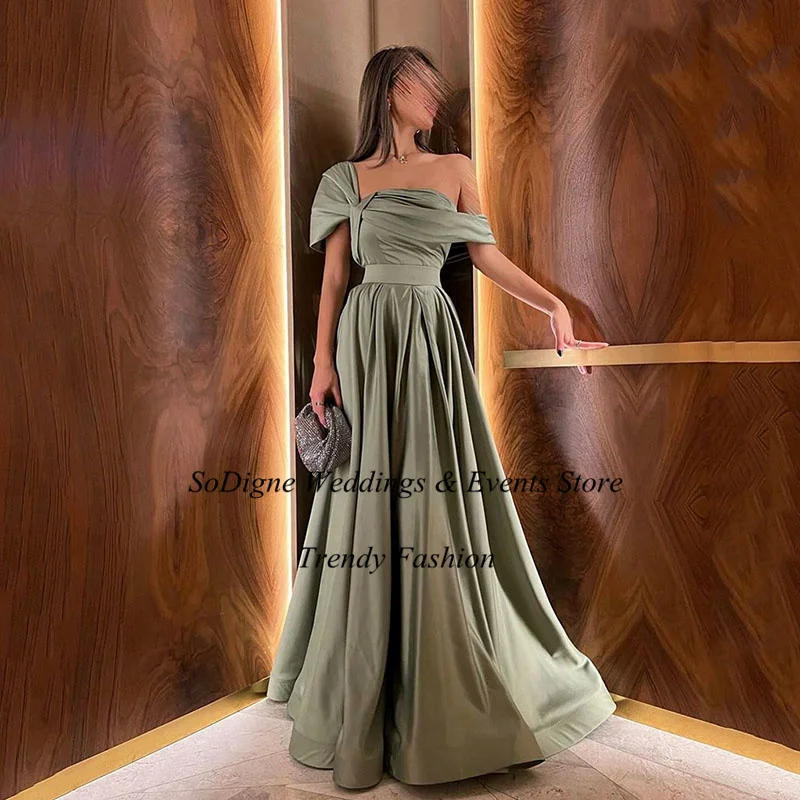 SoDigne Saudi Arabic Women Cap Sleeves Long Prom Dresses Floor Length Evening Gown Dubai Satin Plus Size Formal Dress