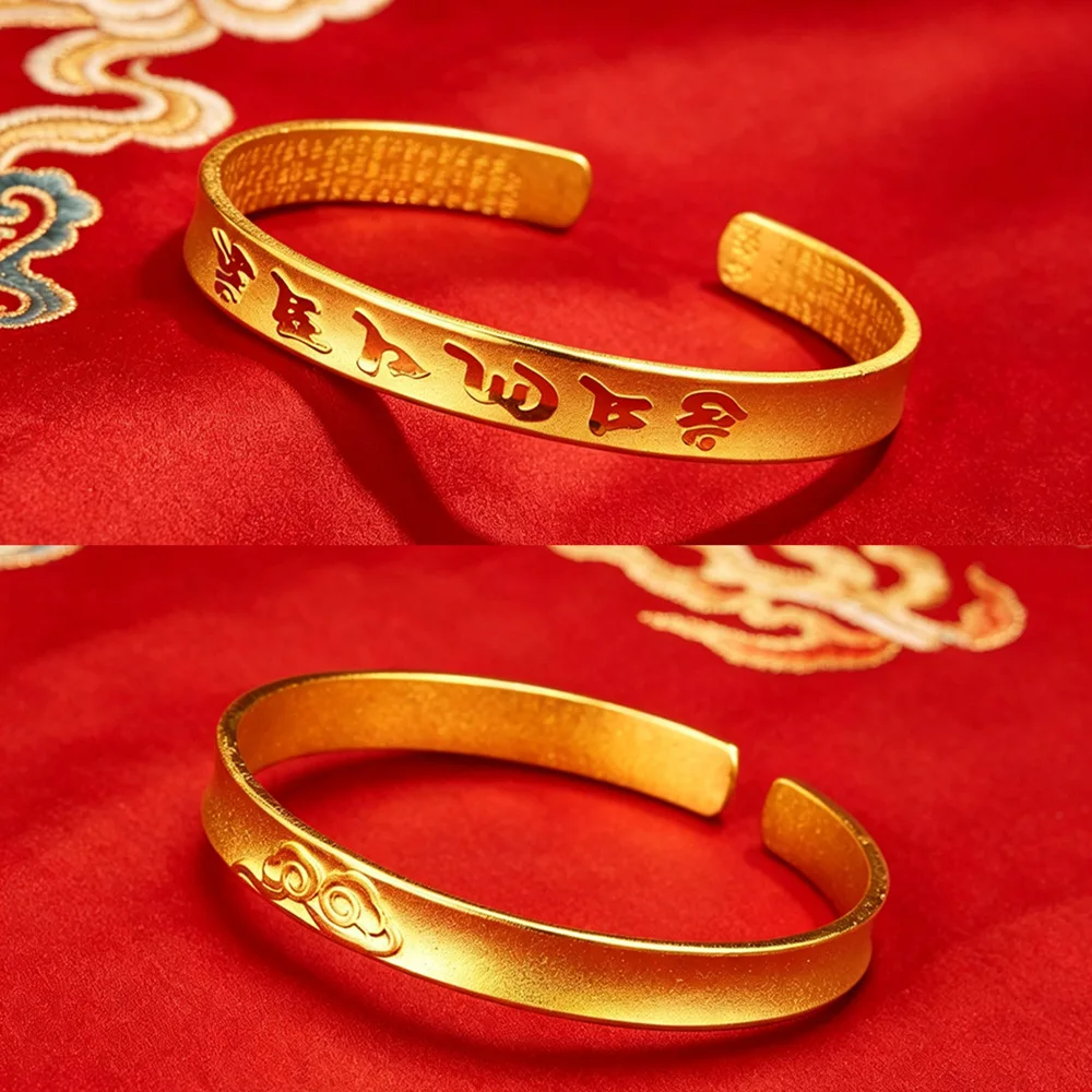 AU999 24K pure gold six-syllable mantra open gold bangle for women, ideal matching jewelry for temple trips and girls gatherings