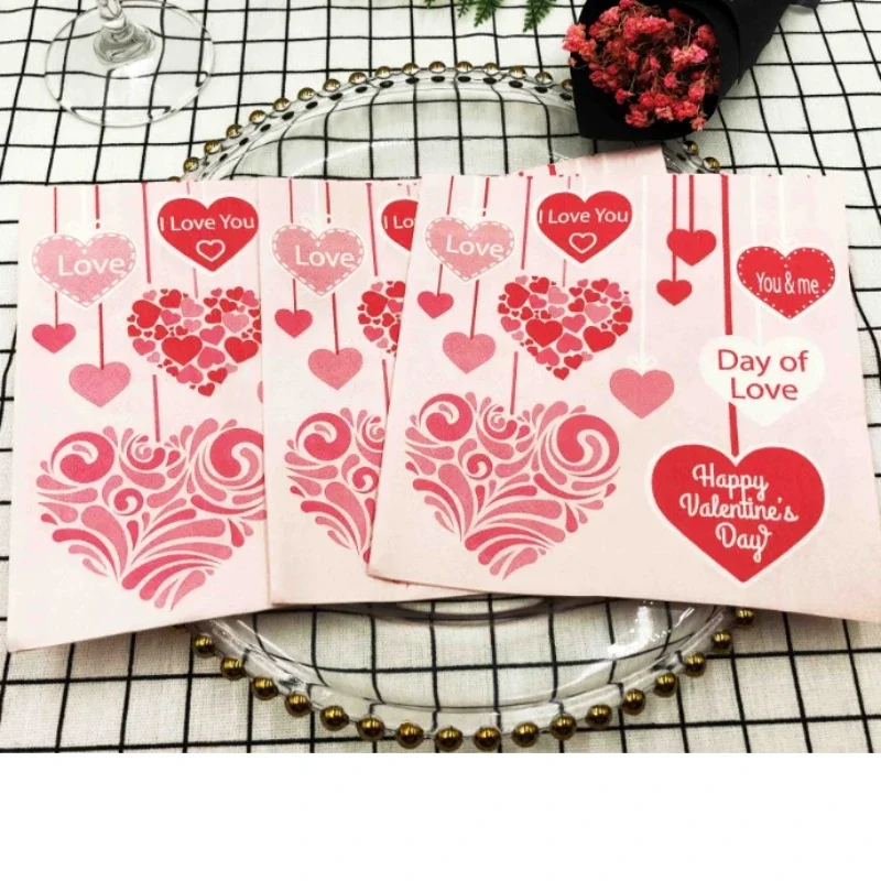 Heart Shaped Colourful Printed Napkin Wedding Valentine's Day Facial Tissue Proposal  Decoration Wine Glass Flower Paper 20pcs/P