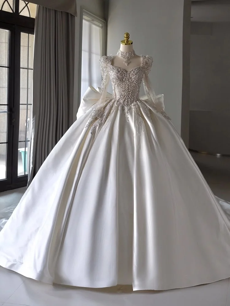 Silk Satin Wedding Dr Long Sve Bridal Gown Entrance Ceremony Dr Floral Handmade Embroidery Court Sle for Bride