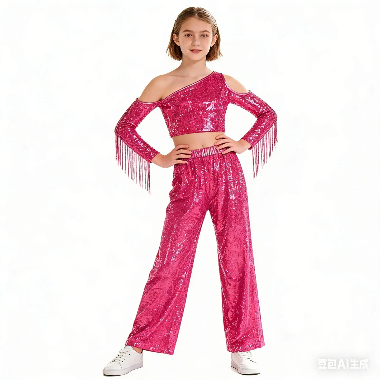 Kids Girls Metallic Shiny Jazz Hip Hop Dance Outfits Sequins Tassels 70s 80s Disco Latin Performance Costume Crop Top+Pants Set