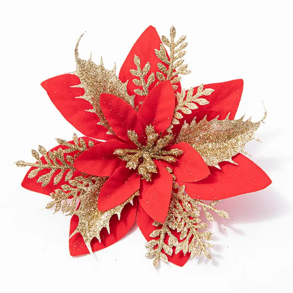 10Pcs/Set Christmas Artificial Flower Glitter Leaves Red Golden Silver-color Layered Xmas Tree Wreath Decoration Fake Flower