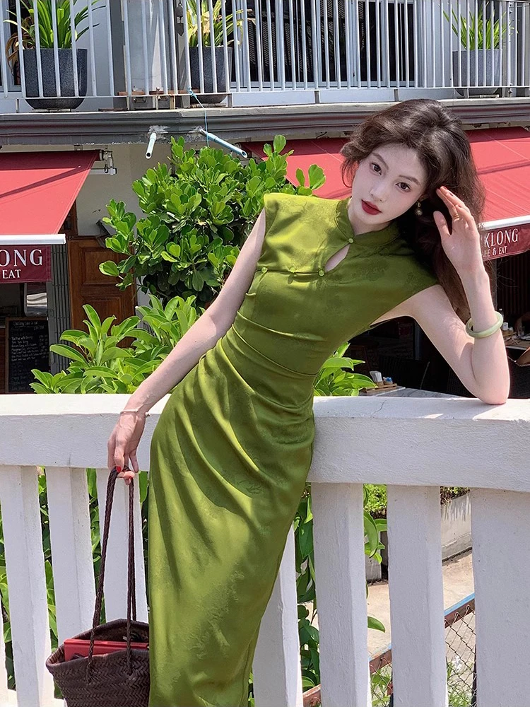 Chinese Green Jacquard Dress Women Summer Vintage Sleeveless Cheongsam Dresses Fashion Casual Sexy Slim Long Skirts Female New