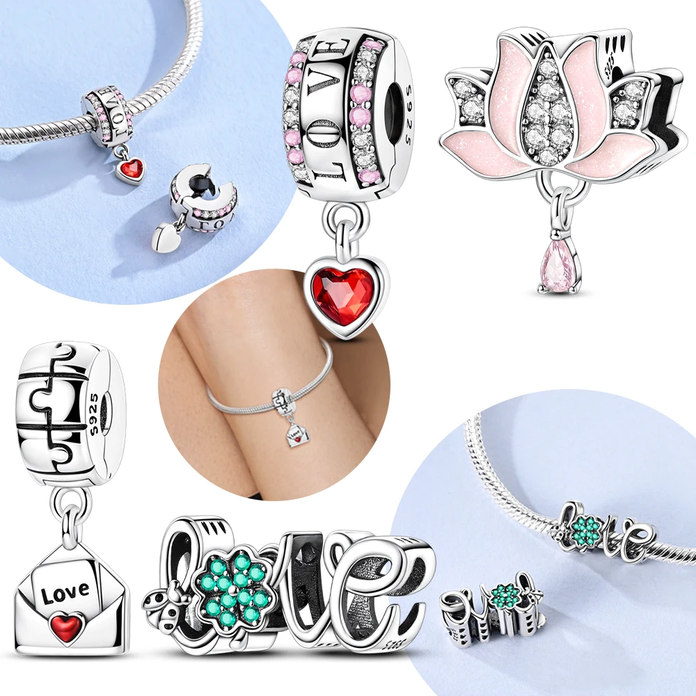 

Кулон-конверт в форме сердца с четырьмя листами клевера, розовый цветок лотоса, оригинальный браслет из серебра 925 пробы с бусинами, женский аксессуар, подарок, ювелирные изделия, сделай сам