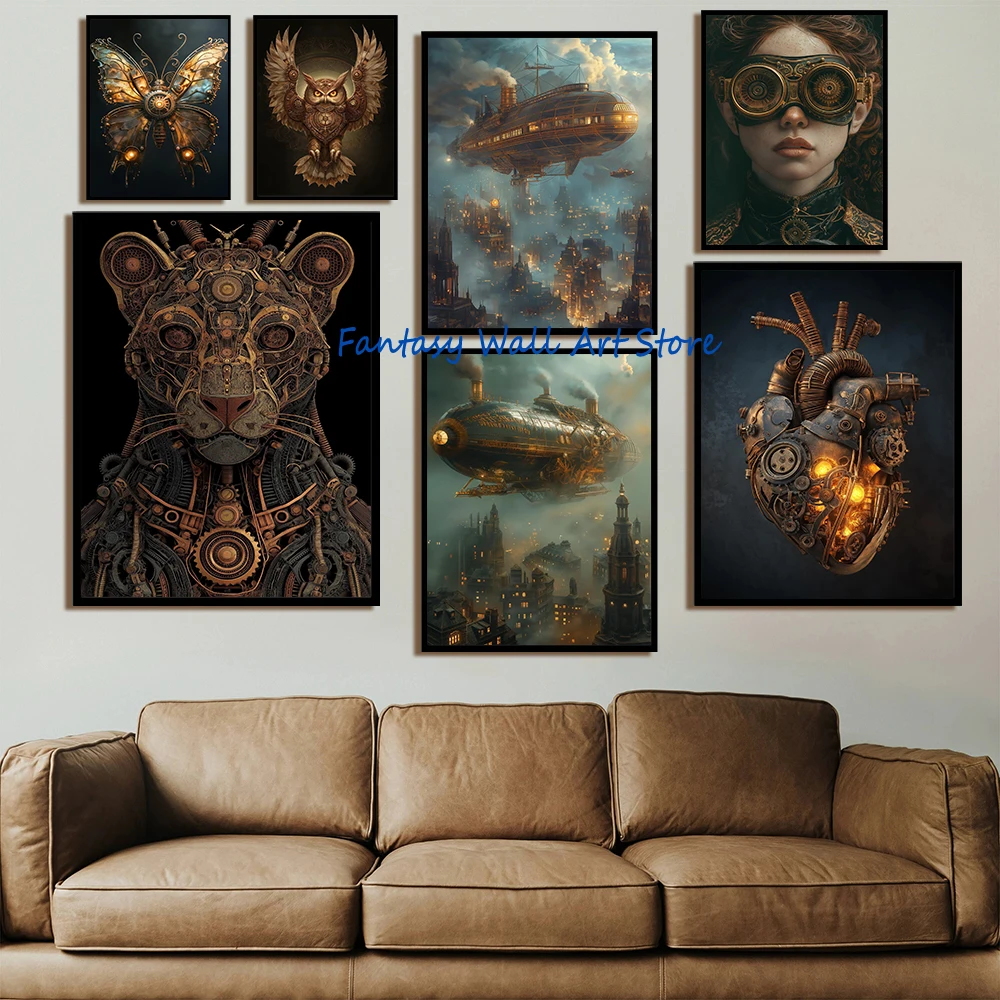 Steampunk Mechanical Heart Dark Academia Industrial Gothic Owl Steampunk Airship Poster Canvas Painting Wall Pictures Home Decor