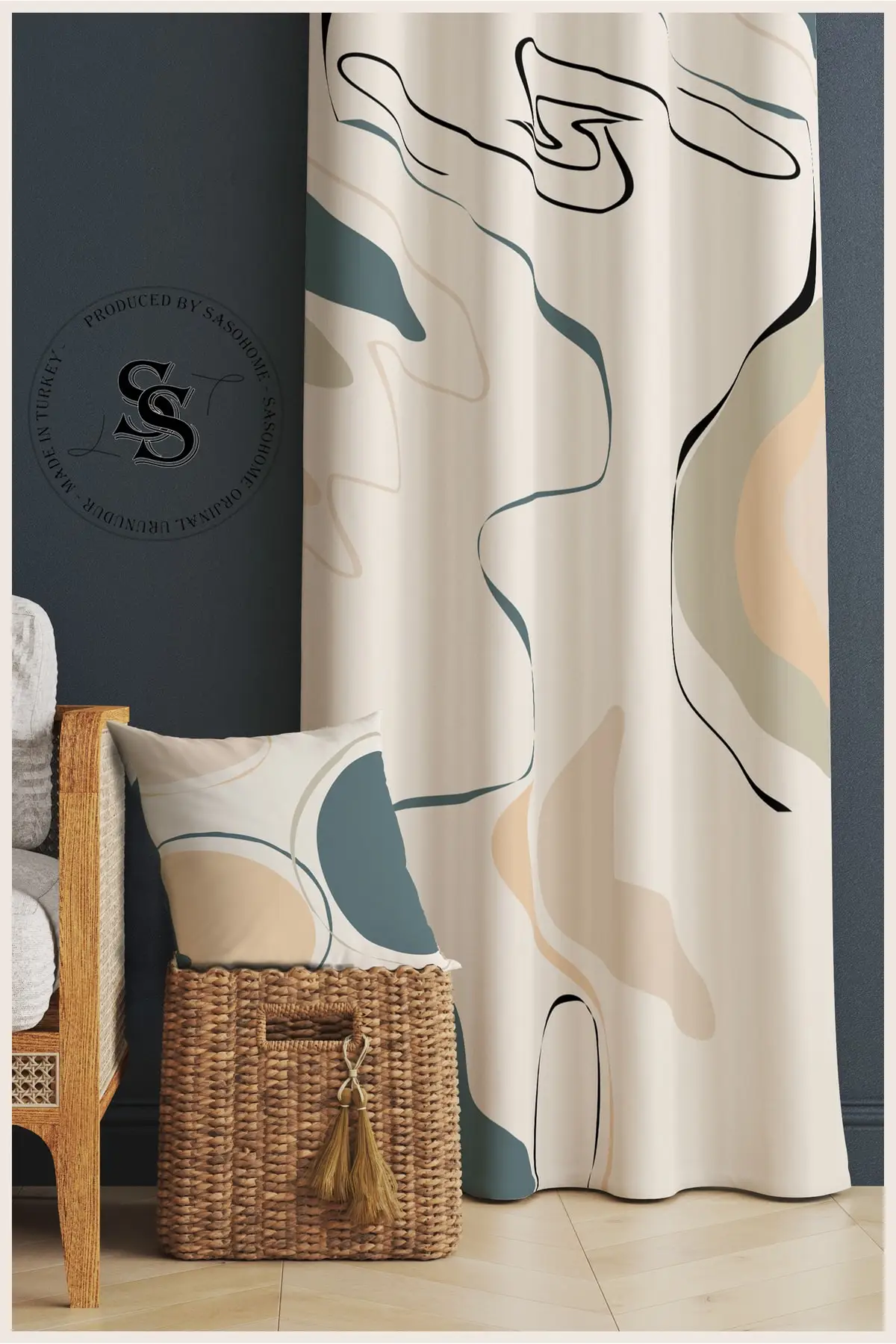 Curtain Modern Cream - Turquoise Surreal Lines Velvet 140 X 270 Cm Quality - Digital Printed Backdrop