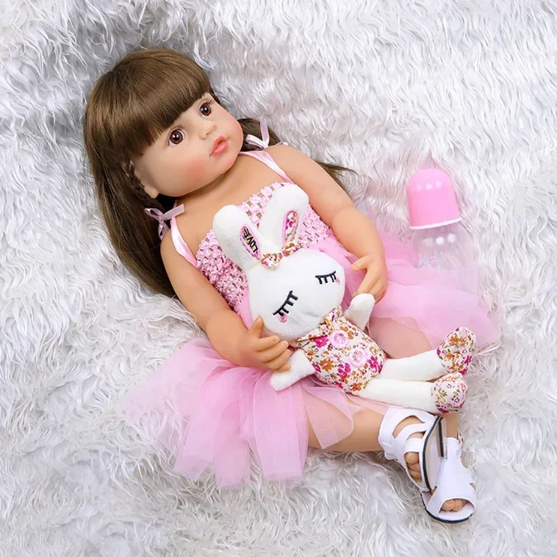 Muñecas con orejas de conejo de 55Cm, niño Reborn, muñeca hermosa de silicona suave rosa para bebé, muñecos de nieve de tacto Real para niñas, regalos, Kit de muñecas Reborn