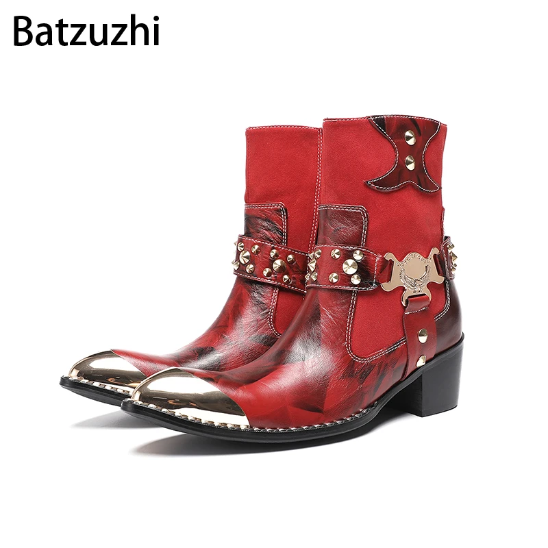 

Batzuzhi 6.5cm Heels Pointed Iron Toe Cowboy Men's Boots Rock Red Gneuine Leather Ankle Boots Man, Big Sizes 38-46