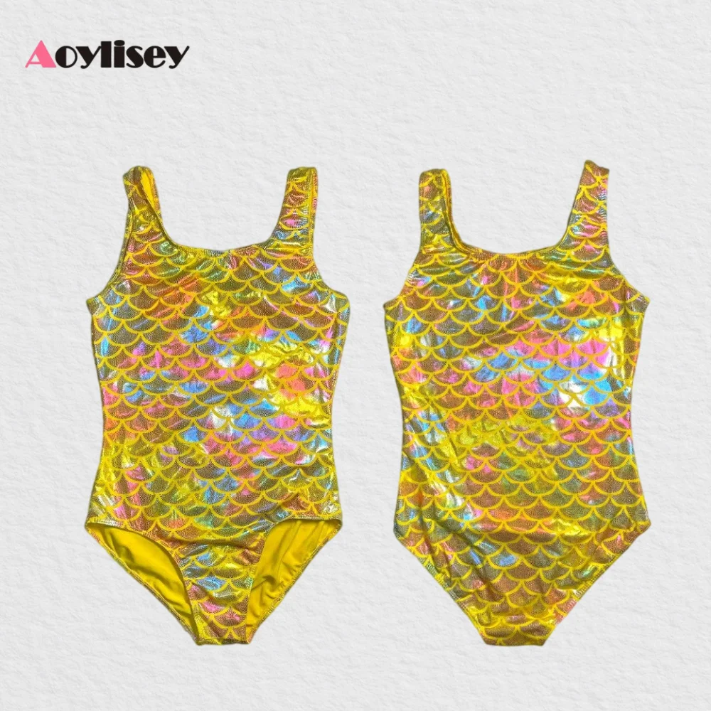 여아 물고기 비늘 프린트 발레 댄스 레오타드 어린이 스판덱스 반짝이는 메탈릭 체조복 댄스웨어 공연 의상