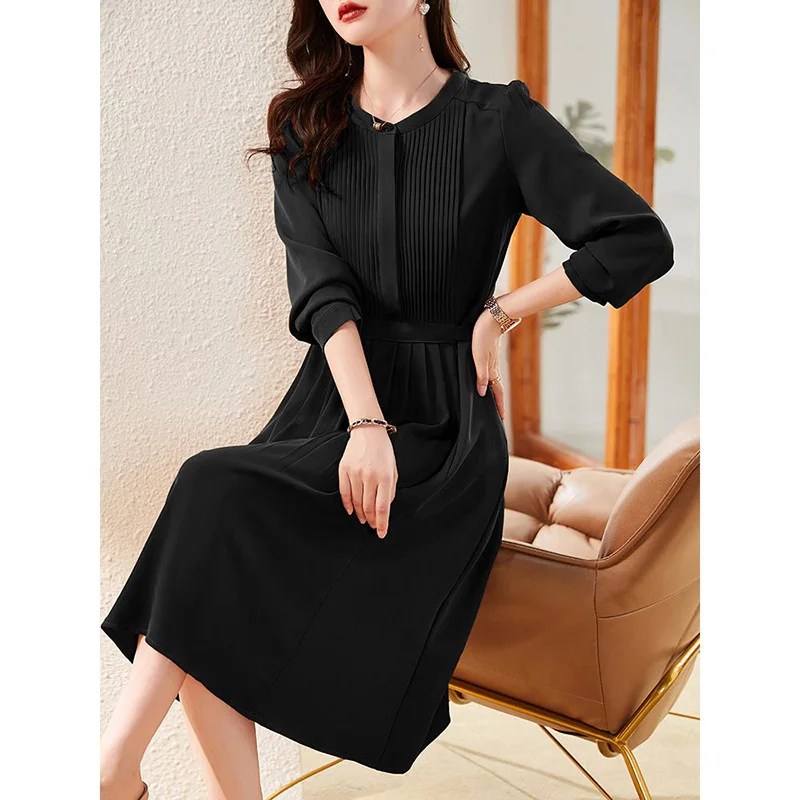 Elegante vestido Midi emendado com decote em O feminino, vestido bandagem solto, dobra-laço, manga comprida, vestidos casuais monocromáticos, roupas