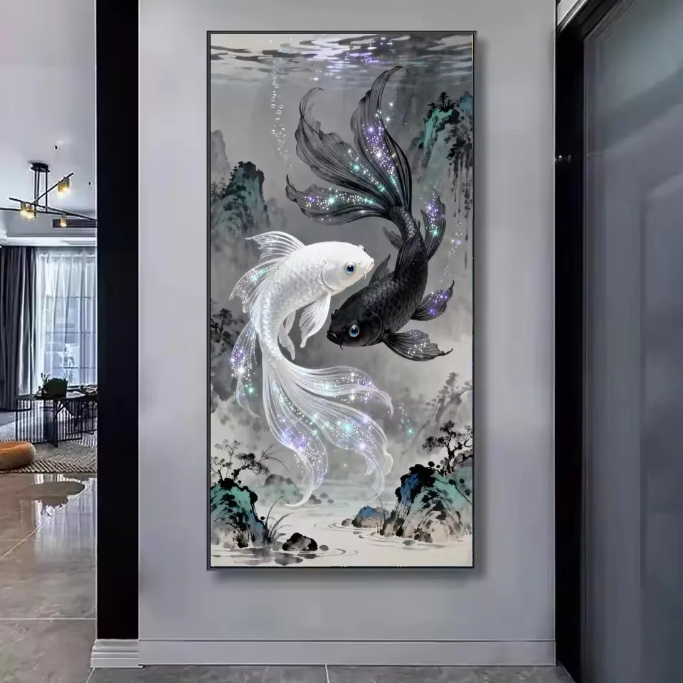 

Полный алмазный набор для рисования, черно-белая рыба кои, животное, полная круглая квадратная алмазная мозаика с аксессуарами, домашний декор, подарок