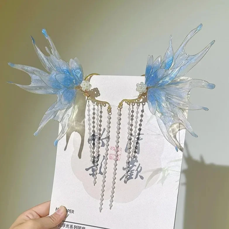 Mermaid Princess Ear Hanging Side Fringed Hair Accessories Flower Liquid Multi-layer Gradual Change Mermaid Earrings Ancient