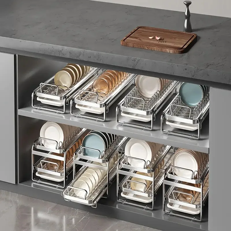 

1pc Rust-Resistant Stainless Steel Pull-Out Dish Rack, Under Sink Cabinet Slide Organizer for Plates Bowls and Accessories