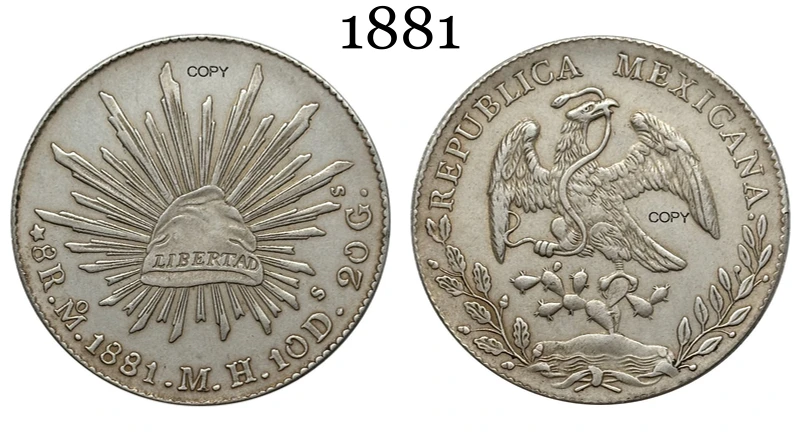 México 8 Reais 1875 1881 1882 1887 1889 1891 1892 1893 1894 República Mexicana Moeda de cópia comemorativa banhada a prata