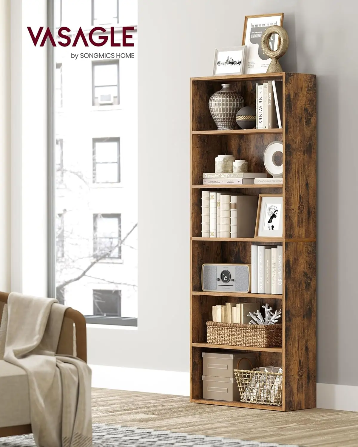 VASAGLE CUSTOS Collection - Bookshelf, 6-Tier Bookcase, Book Shelf, Open Storage Shelf, 9.4 x 23.6 x 63.3 Inches, for Li