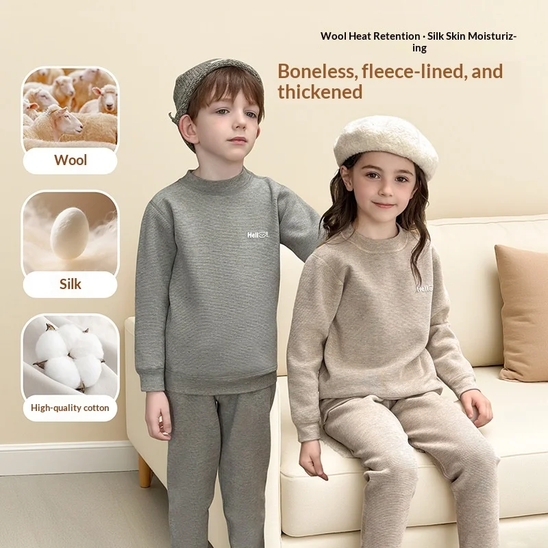Winter Kids Thermal Underwear Set Wool & Silk Blended Warm Base Layer Seamless Thickened Long Johns for Boys Girls Teens Pajamas