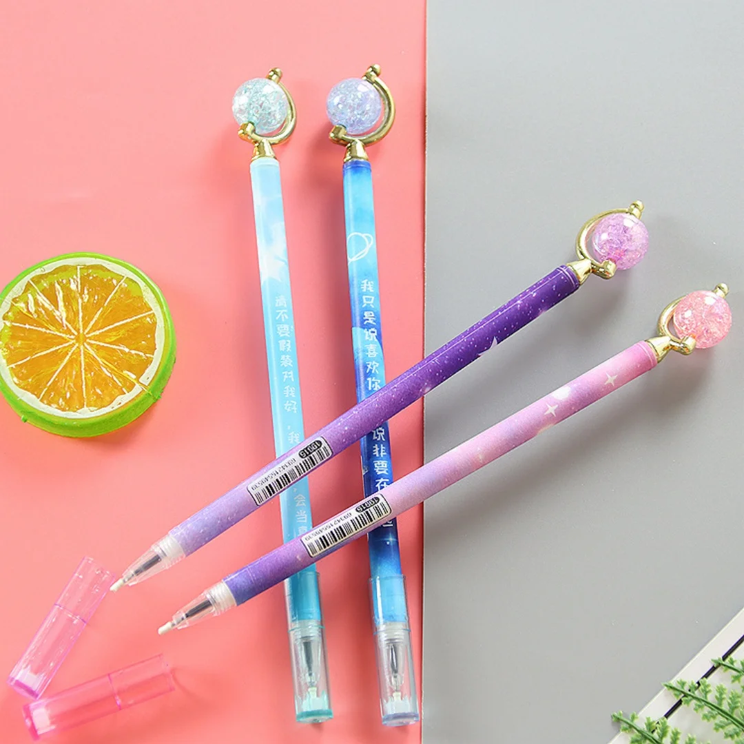 5 Random Cute Starry Sky Gel Pens, Planet Crystal Decorated 0.5mm Black Ink Pens, Suitable for School Office and Student Gifts