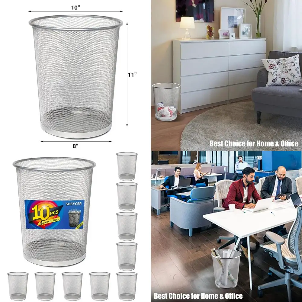 

4 Gallon Silver Mesh Wastebaskets, 10-Pack, Metal Trash Cans for Office & Home Recycling