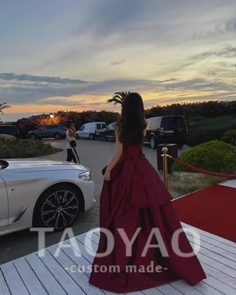 Customized Prom Dresses Off Shoulder Burgundy Satin Evening Dress Ball Gowns  A Line Prom Dresses Party Dresses For Women