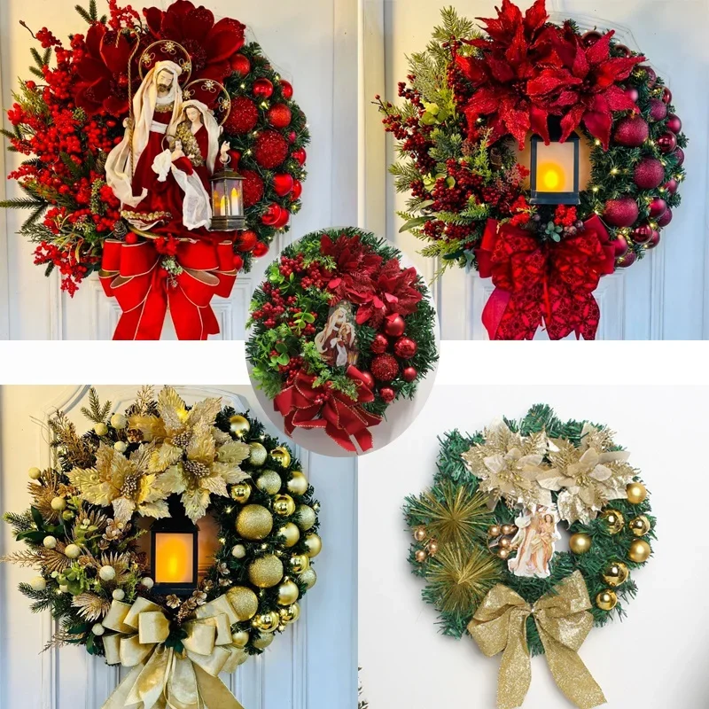 

2024 Jesus Christmas Wreath for Front Door Gold Window Wall Door Decorations 2024 Christmas Garland Ornament Guirnalda Navidad