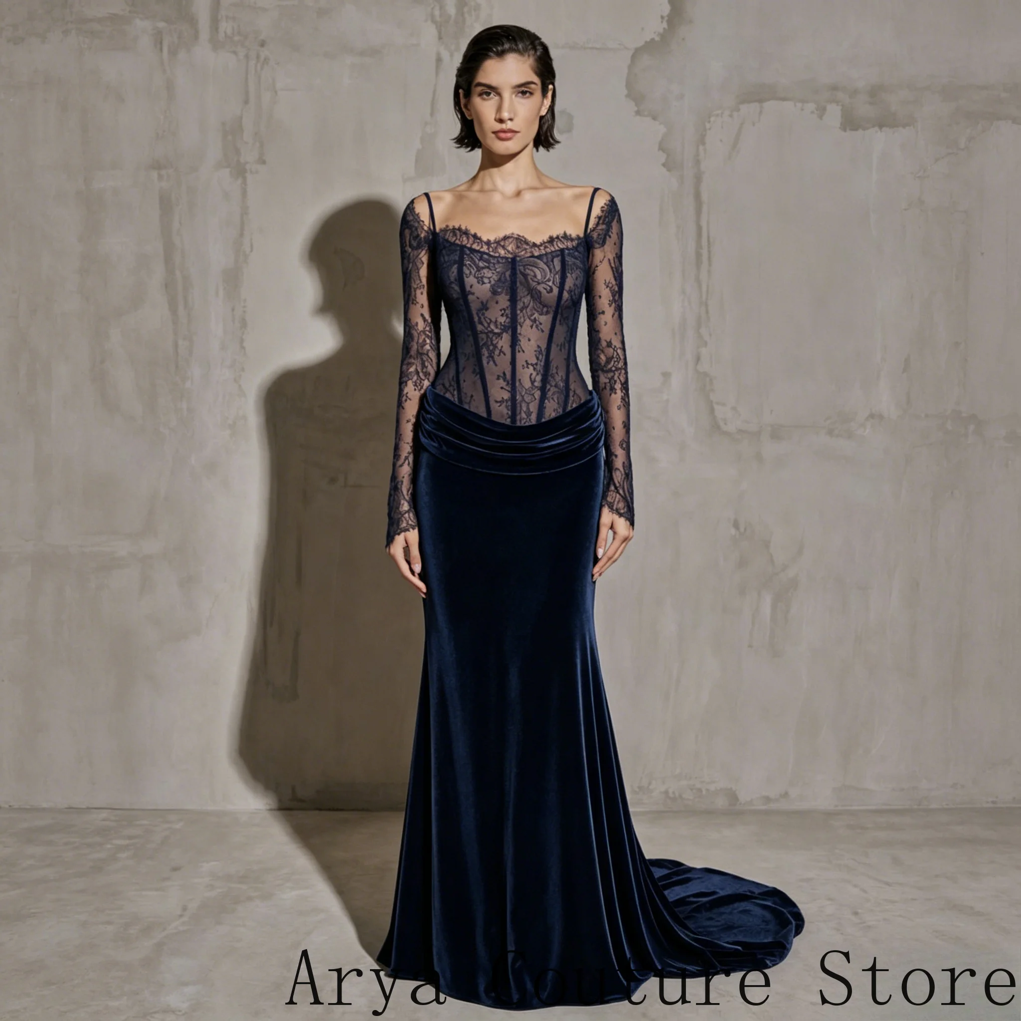 Mermaid Evening Gown Featuring Dual Thin Spaghetti Straps Sheer Floral Lace Long Sleeve Corset Bodice With Scalloped Sweetheart