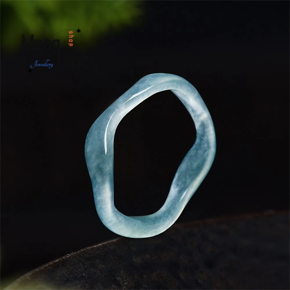 

Natural A-grade Jadeite Blue Water Ripple Ring With Three-dimensional Carving of Ice Jade Personality Couple Exquisite Jewelry